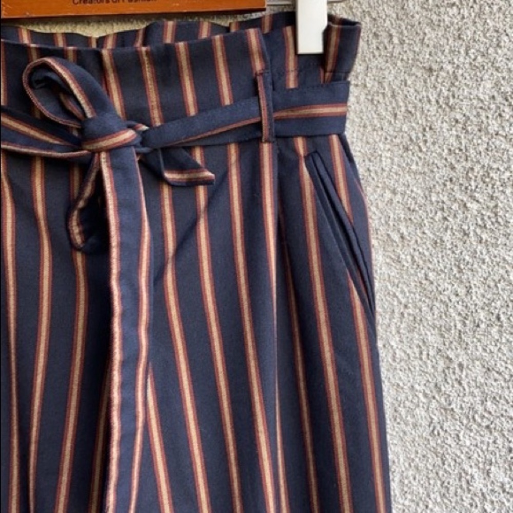 Zara Navy Blue Multi Stripped Paperbag Trousers